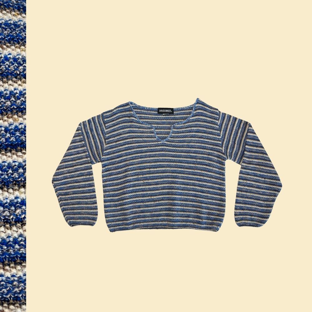 1980s knit L blouse by David Brett, vintage USA-made long sleeve striped shirt - Picture 1 of 7